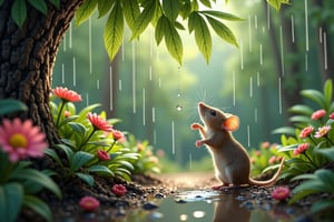 Vibrant pine forest, fresh air, after the rain, drops falling from leaves, path, blooming flowers, drop falling from tree foliage, mouse reaches for a drop of rain that falls from above, muzzle reflected in a drop of water