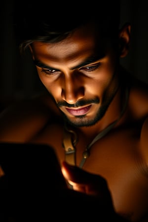 Close-up shot of an Indian army personnel with a chiseled athletic body, illuminated by the soft glow of their mobile phone. The lighting casts a warm, golden tone on their features as they gaze intently into the screen, their expression introspective and contemplative.