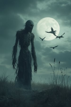 A hauntingly beautiful dark fantasy scene of a decaying scarecrow standing tall in a desolate, moonlit field, bathed in an eerie, silvery glow. The scarecrow's tattered, blackened clothes billow in the gusty wind, accentuating its sinister, elongated appearance, with threads and fibers eerily lit by the moon. The sky is filled with ominous, dark birds circling around, attracted by the unsettling, ethereal whispers that seem to emanate from the scarecrow's cracked, wooden mouth and the earth below, shrouded in mist. A chilling, heavy atmosphere envelops the scene, amplifying the sense of dread and terror, ultra quality