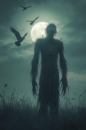 A hauntingly beautiful dark fantasy scene of a decaying scarecrow standing tall in a desolate, moonlit field, bathed in an eerie, silvery glow. The scarecrow's tattered, blackened clothes billow in the gusty wind, accentuating its sinister, elongated appearance, with threads and fibers eerily lit by the moon. The sky is filled with ominous, dark birds circling around, attracted by the unsettling, ethereal whispers that seem to emanate from the scarecrow's cracked, wooden mouth and the earth below, shrouded in mist. A chilling, heavy atmosphere envelops the scene, amplifying the sense of dread and terror, ultra quality