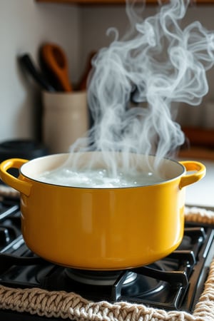 a pot of water boiling on a knitting texture on a stove with steam rising yellow color
