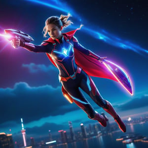 A dynamic aerial shot of a super-powered girl effortlessly maneuvering a sleek, futuristic light ship through a vibrant, starry sky. The ship glows with neon lights, casting a radiant glow on her determined face. She is in a dynamic pose, hands gripping the controls, with her cape flowing behind her. The background features swirling clouds and distant city lights, creating a sense of speed and adventure. The lighting is dramatic, with a mix of neon and ambient starlight, highlighting her heroic stance.