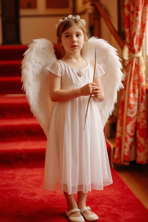 A young girl with angelic white wings stands on a vibrant red carpet, holding a slender stick in her hand. The scene is framed in a medium shot, with soft, warm lighting highlighting her ethereal presence. The composition centers on her, with the red carpet creating a striking contrast against her white wings. She stands confidently, the stick adding a touch of elegance and mystery to the image.