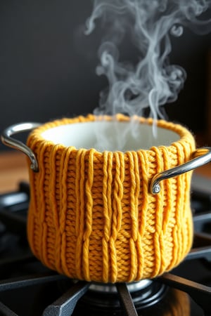 a pot of water boiling wrapped by knitting pattern texture on a stove with steam rising yellow color
