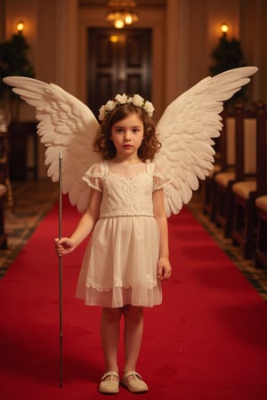 A young girl with angelic white wings stands on a vibrant red carpet, holding a slender stick in her hand. The scene is framed in a medium shot, with soft, warm lighting highlighting her ethereal presence. The composition centers on her, with the red carpet creating a striking contrast against her white wings. She stands confidently, the stick adding a touch of elegance and mystery to the image.