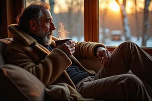 A middle-aged man with a twinkle in his eye and a heavy beard is sipping coffee. The steaming cup of coffee is moderately warm, perfect for the cold winter months.

The man is wearing a woolen winter suit, and his coat is draped over an empty chair next to him. He is reclining on the couch in a comfortable position, his legs resting on a small table. He is looking at the sunset coming through the window.

 It's like a magazine photo that focuses on a person.

high quality, 8K, modern photo,