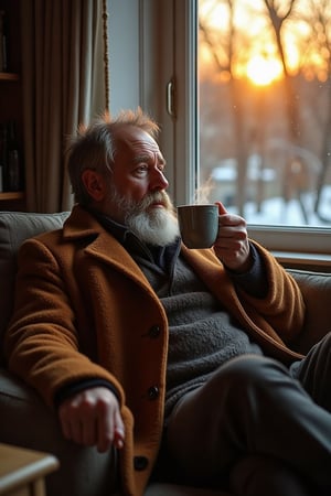 A middle-aged man with a twinkle in his eye and a heavy beard is sipping coffee. The steaming cup of coffee is moderately warm, perfect for the cold winter months.

The man is wearing a woolen winter suit, and his coat is draped over an empty chair next to him. He is reclining on the couch in a comfortable position, his legs resting on a small table. He is looking at the sunset coming through the window.

 It's like a magazine photo that focuses on a person.

high quality, 8K, modern photo,