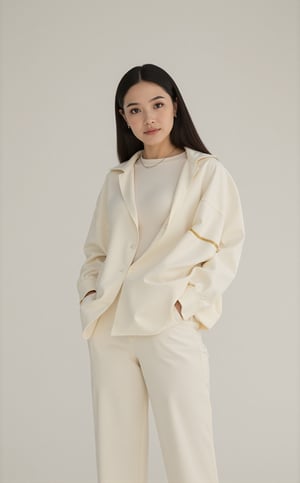 highly realistic image of a brunette southern a young woman standing in a simple, soft-lit environment. She is dressed in a casual yet stylish ensemble consisting of a loose-fitting ivory jacket and matching pants, paired with a subtle white shirt. Her relaxed attire contrasts softly against the plain, light background, enhancing a tranquil and minimalist aesthetic. Her expression is serene and contemplative, directing a calm gaze slightly off-camera, which adds a gentle, introspective quality to the scene. The predominant soft ivory and white tones throughout the image evoke a sense of simplicity and elegance. This controlled color palette and her composed demeanour contribute to a peaceful, clean visual impression. Her full body is visible. The camera uses a medium shot with a 35mm lens, capturing the outfit's clean lines and sharp angles. The image is in 6K resolution, focusing on the balance of masculine and feminine elements in the outfit, ek_ph0t0_b00ster