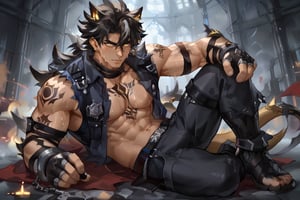 score_8_up, score_7_up, Expressiveh, masterpiece, best quality, best aesthetics, absurdities, perfect anatomy, perfect proportions, perfect eyes, high resolution, good colors, glowing skin, good shading, counter shading, well detailed background, male focus,yellow eyes, muscular body,
, long tail, yellow eyes,  JinQiuPXL, White Fur, Black Stripes,furry,Striped Fur, Glowing Eyes,muscle,slim thigh,sweating body, (handsome posture:1), hair between eyes,detailed face,clear facial detail,Leather Gloves,earrings,dragon tail,white streaked hair,(belts),tech,,(body tattoo),chongyue, 

 big muscle, full body, chest, abs, (goku:1.1),mature male,lying,good shade and light, (policeman uniform),black clothes,handcuffs
