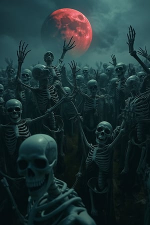 Skeletons emerging from the abyss in a wide field under a super red moon, the moonlight casting an eerie glow, the composition is wide-angle to capture the expansive field, skeletons in various poses, some standing, some reaching out, the location is a vast, desolate field with a haunting atmosphere, the subject is the eerie gathering of skeletons under the super red moon.