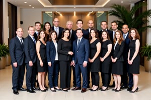 twenty members at large Brazilian  business family dressed formally, with members of different ages posing for a photo in a modern lobby business,multipeoplelora,aidmaRealisticPeoplePhotograph