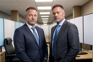 two male brothers aged 50 and the other aged 55, heads of a company, dressed formally, they do not look at each other, serious expression, office room