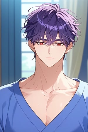 score_9, score_8_up, score_7_up, source_anime, intricate details, anime screencap, official style, depth of field, solo boy, male focus, purple hair, red eyes,seme,muscular male,large pectorals