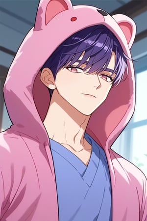 score_9, score_8_up, score_7_up, source_anime, intricate details, anime screencap, official style, depth of field, solo boy, male focus, wang ling, purple hair, pink eyes, animal costume, animal hood,seme,muscular male,large pectorals