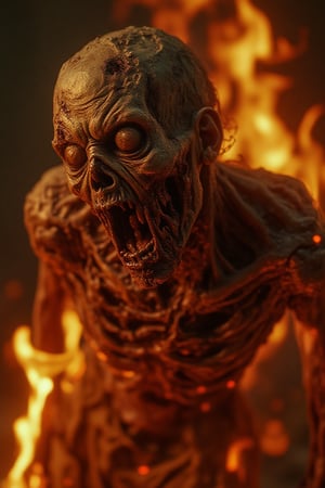 A close-up shot of a zombie, its decaying body engulfed in flames, with tattered clothing and exposed bones visible. The zombie's face is contorted in agony, with hollow, lifeless eyes. The lighting is intense, with the fire casting flickering shadows and a fiery glow. The composition is tight, focusing intensely on the zombie's burning form, creating a sense of horror and desperation. The overall atmosphere is chaotic and terrifying.