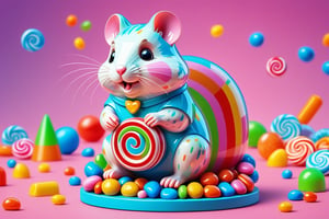 CANDY, Candy art mode, colorful shapes, glossy textures, era 2020s contemporary, casual attire, solo, candy art style, Rating SFW,  sculpture of a hamster with a bone     made from candy depicted in detailed candy art in candy land, the colorful shapes and glossy textures adding a playful look, candy light filter, smooth textures,  translucent textures, vibrant colors 