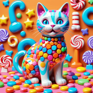 CANDY, Candy art mode, colorful shapes, glossy textures, era 2020s contemporary, casual attire, solo, candy art style, Rating SFW,  sculpture of a cat with a bone     made from candy depicted in detailed candy art in candy land, the colorful shapes and glossy textures adding a playful look, candy light filter, smooth textures,  translucent textures, vibrant colors 