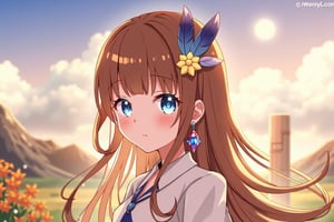 1girl, solo, long hair, looking at viewer, blush, blue eyes, brown hair, hair ornament, jewelry, closed mouth, upper body, flower, earrings, outdoors, sky, hair flower, lips, eyelashes, watermark, feathers, gem, portrait, star \(sky\), sunset, mountain, yellow flower, feather hair ornament, pillar, orange flower