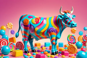 CANDY, Candy art mode, colorful shapes, glossy textures, era 2020s contemporary, casual attire, solo, candy art style, Rating SFW,  sculpture of a cow with a bone     made from candy depicted in detailed candy art in candy land, the colorful shapes and glossy textures adding a playful look, candy light filter, smooth textures,  translucent textures, vibrant colors 