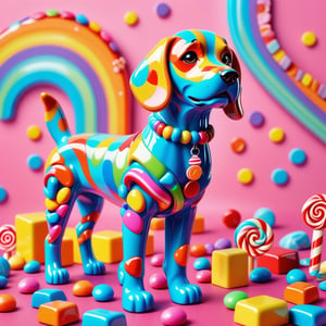 CANDY, Candy art mode, colorful shapes, glossy textures, era 2020s contemporary, casual attire, solo, candy art style, Rating SFW,  sculpture of a dog with a bone     made from candy depicted in detailed candy art in candy land, the colorful shapes and glossy textures adding a playful look, candy light filter, smooth textures,  translucent textures, vibrant colors 