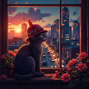 
Photorealistic image of a cat in a red hat with a feather, sitting on a windowsill with flowers. The setting sun illuminates the room, with a view of the night city outside the window. Style: cyberpunk