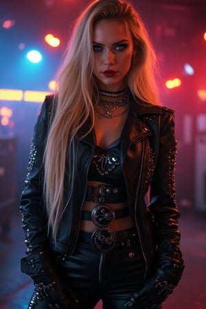 

"A beautiful full-body image of a woman with long blonde hair in a heavy metal style. She is dressed in a black leather jacket with metal studs, bold accessories like chains, black rings, and a choker. Her makeup is dark and edgy, with a focus on her eyes and red lipstick. She is standing confidently with a rock concert vibe in the background, dimly lit with colorful lights."




