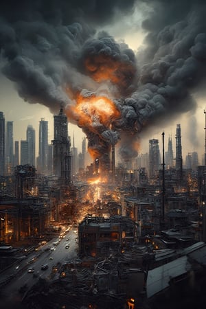 Describe a technological disaster: the sudden destruction of a large industrial facility in an urban area. Thick smoke rises into the sky, painting it in grim shades of gray. Collapsed buildings, twisted structures, scattered debris. At the center, a massive explosion erupts from a factory, while around it, firefighters and rescuers are trying to control the fire and save the injured. People are fleeing in panic, cars are stuck in traffic, and the sky is covered with ash. A stark contrast between nature and the industrial ruins.