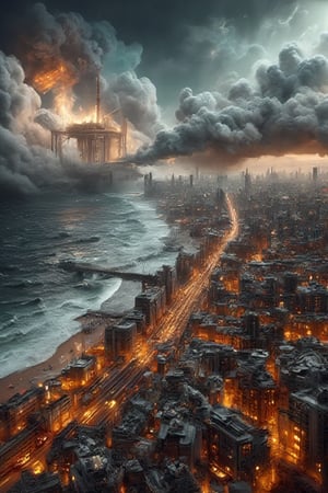 Describe a technological disaster by the ocean: a massive industrial facility near the coastline is suddenly destroyed. Thick smoke rises into the sky, painting it in grim shades of gray. Collapsed buildings, twisted structures, and scattered debris are seen both on land and floating in the water. A towering tsunami crashes onto the shore, sweeping away everything in its path, adding to the devastation. At the center, a massive explosion erupts from the factory, while firefighters and rescuers fight both the flames and the flooding to save the injured. People are fleeing in panic as waves engulf the streets, cars are stuck in traffic, and the sky is covered with ash. The contrast between the roaring ocean and the ruined industrial landscape is overwhelming.