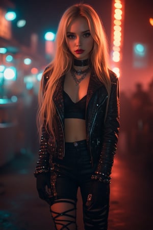 

"A beautiful full-body image of a woman with long blonde hair in a heavy metal style. She is dressed in a black leather jacket with metal studs, bold accessories like chains, black rings, and a choker. Her makeup is dark and edgy, with a focus on her eyes and red lipstick. She is standing confidently with a rock concert vibe in the background, dimly lit with colorful lights."




