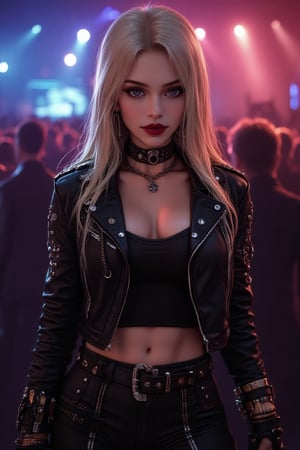 

"A beautiful full-body image of a woman with long blonde hair in a heavy metal style. She is dressed in a black leather jacket with metal studs, bold accessories like chains, black rings, and a choker. Her makeup is dark and edgy, with a focus on her eyes and red lipstick. She is standing confidently with a rock concert vibe in the background, dimly lit with colorful lights."




