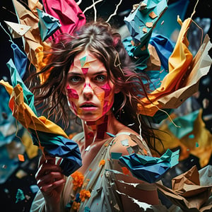 (best quality,8K,highres,masterpiece), ultra-detailed, double exposure imagery that merges the ethereal, surreal styles of Natalia Drepina and Brooke Shaden with a vibrant, colorful twist. Set against a backdrop of vintage cracked paper, this piece becomes a dynamic and unusual exploration of color and form. It combines hauntingly beautiful figures with surreal landscapes, all infused with vivid, luminous colors that breathe life into the composition. The artwork is designed to captivate and intrigue, drawing the viewer into a deeply emotional and abstract narrative, while the colorful palette adds a layer of vibrancy and depth to the surreal and timeless aesthetic.