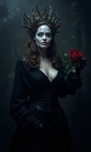 Angelina Jolie as Demon Queen: a haunting portrait of the actress donning a macabre Halloween costume. The cracked face paint job eerily captures her features, with pale skin and dark eye makeup accentuating her demonic persona. Shot in dark, muted tones, the subject is framed by a foggy background, evoking a sense of foreboding. Her pose is striking, with one hand grasping a twisted crown and the other clutching a crimson rose, as if summoning an ancient evil.,Demon Queen Cracked Face Macabre,j0l13,light makeup