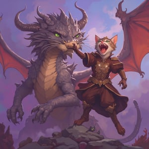 In a whimsical, mystical realm, a fearless feline warrior claws and pounces on a majestic, scale-adorned dragon amidst a backdrop of swirling purple mist and gleaming silver clouds. The cat's emerald eyes burn bright with determination as it tangles with the beast's fiery breath and razor-sharp talons.