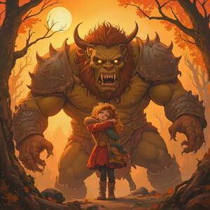 A young girl, her face set in determination, stands back-to-back with a snarling ogre amidst the whimsical backdrop of an enchanted woods. The golden light of sunset casts long shadows across the forest floor, highlighting the ferocity of their battle. The girl's arms are wrapped around the ogre's massive neck, while its claws swipe wildly at the air, its eyes blazing with madness.