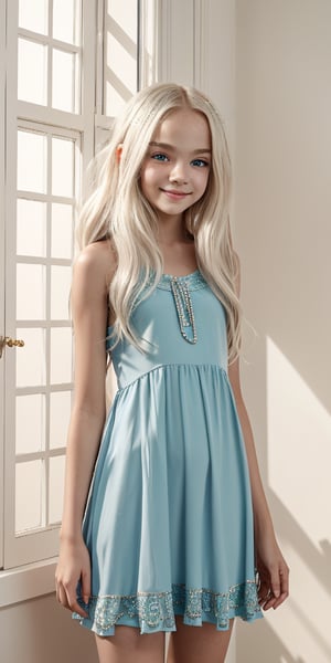 A stunningly rendered image of an 10-year-old tween girl with striking white hair, a bright blue-eyed smile, and blushing cheeks. The subject's slender yet petite physique is showcased in a full-body view against a soft-focus background, allowing her beautiful face to take center stage. Her hippie dress flows seamlessly around her, creating a whimsical atmosphere. The lighting is masterfully crafted, utilizing shadows to add depth and dimensionality to the scene. The Sony A7III camera captures every detail with precision, showcasing crisp lines and forms that evoke a sense of hyperrealism. (sharp:1),Masterpiece