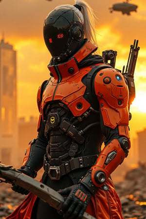 a post-apocalyptic mecha man in a engraving black orange suit with a black full face helmet and white long tied up hair. dramatic sunset scene amid the aftermath of a civil war, golden hour lighting, clouds, devastation, laser beam effect, he holding wielding futuristic sci-fi leather archery. blend orange, red, yellow and black. a dynamic pose, hard lighting. airships flying overhead, a large robot inside a city, fluorescence light on the robot eye