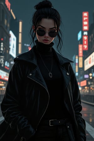 beautiful girl black turtle neck, black leather coat, black pants, circle sunglasses, earing, necklace, night, background billboard at busy city, Ai Queen of darkness