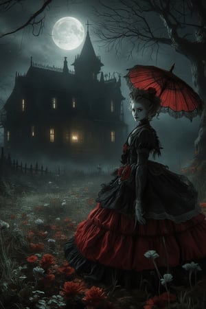 A pale lady in a black and red victorian ball dress, lace and ruffles, she smile, her hair in victorian era fashion, she holding lace umbrella, background abandoned house, one source of light from moon, dark night, big tree