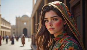  a cinematic portrait of a young afghan woman of 30 years, green eyes, hijab, traditional afghan clothing, sunburnt skin, half body shot, detailed high definition, background the city of kabul