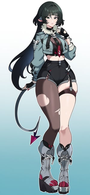 ((best quality:1.3, very aesthetic:1.1, ultra quality)), jane doe \(zenless zone zero\), fingerless gloves, black shorts, cropped jacket, single garter strap, single leg pantyhose, single thighhigh, necktie, platform boots, tail, long hair, looking at viewer,Nyantcha style 