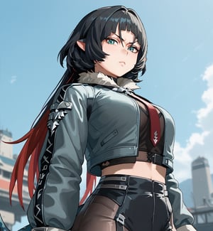 score_9, score_8, best quality, highres, outdoors, blurry background, BREAK, (solo),zzzjd, jane doe (zenless zone zero), 1girl, solo, black hair, red hair, pointy ears, aqua eyes, multicolored hair, long hair, tail, two-tone hair, looking at viewer, annoyed, low angle view, krekkov style