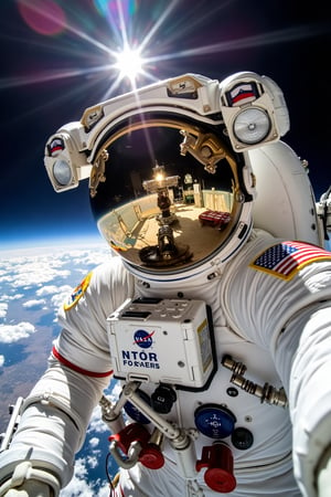 A selfie taken by a N4sa astronaut conducting an EVA in space. The astronaut, fully suited in a white space suit adorned with mission patches and the American flag, is facing the camera, with their helmet reflecting both the spacecraft and the Earth below. The Earthâ€™s blue and white clouds cover the lower half of the image, while the darkness of space dominates the upper part. The reflection in the astronaut's visor captures the sun, spacecraft components, and parts of the astronaut's suit, creating a stunning visual of the work environment in space. The bright sunlight illuminates the astronautâ€™s suit, while shadows from the spacecraft add depth and contrast to the scene.