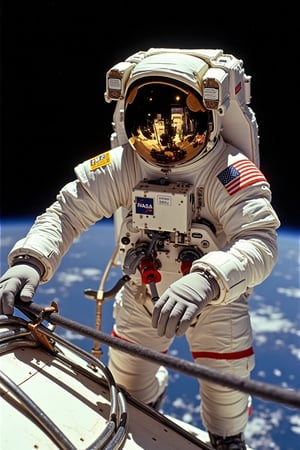 A striking image taken by N4sa of an astronaut performing a spacewalk during an Apollo mission. The astronaut, clad in a white space suit with a red striped helmet, is seen working on the exterior of a spacecraft, using handrails for support. Reflections in the visor show the spacecraft and the distant space environment. The surface of the spacecraft beneath the astronaut glistens under the sunlight, showcasing intricate details of the spacecraft's exterior panels and equipment. The dark, empty space behind the astronaut provides a sharp contrast to the illuminated astronaut and spacecraft, highlighting the task in the vastness of space. The suit's patches, including the American flag, are clearly visible as the astronaut continues their work.