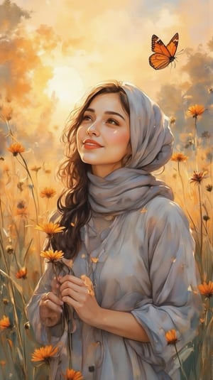 Delicate watercolor hues capture the serene beauty of an asian muslim women,wearing the hijab
her raven curls softly bouncing with each subtle movement as she gazes up at a stunning natural backdrop. Her face radiates warmth, illuminated by gentle morning light that accentuates the contours of her features. The softness of her smile rivals the brightness of the sun, as if infused with the joy and innocence of youth. with butterfly around her.picture must look realistic image,true pepole,8k