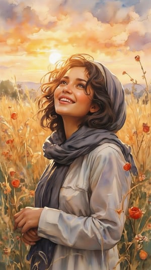 Delicate watercolor hues capture the serene beauty of an muslim women, her raven curls softly bouncing with each subtle movement as she gazes up at a stunning natural backdrop. Her face radiates warmth, illuminated by gentle morning light that accentuates the contours of her features. The softness of her smile rivals the brightness of the sun, as if infused with the joy and innocence of youth.