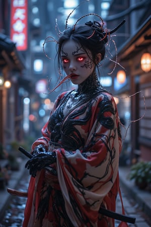 An eerily captivating fusion of tradition and science fiction as a geisha, known for her elegant attire and demure demeanor, is dramatically transformed by the embrace of the symbiote Venom. Her kimono, once a soft whisper of red and white silk, now pulses with dark, biomechanical veins that creep over her skin and garments like a living tattoo. The iconic Venom logo, a menacing spider, sprawls across her back, its tendrils extending over her shoulders and down her arms. Her hair, once neatly styled in a classic geisha bun, has become a wild, inky mane that melds with the symbiote's webbing. Her eyes glow a fiery red, hinting at the alien power lurking within. Despite the monstrous transformation, the geisha maintains an air of grace as she stands in a moonlit alley of a neon-lit city, the shadows playing tricks with the intertwining patterns of the symbiote. The contrast between her traditional makeup and the terrifying, elongated fangs that now curve over her lips is stark. The Venom-infused geisha holds a katana in one hand, the blade coated in the same symbiotic material, suggesting a deadly dance of ancient and futuristic combat. The scene exudes an aura of tension as the creature's long, prehensile tongue flicks out, tasting the air for prey, while her free hand is poised delicately, a silent promise of the chaos she's capable of unleashing. The background is a blend of traditional Japanese architecture with modern skyscrapers, symbolizing the clash of worlds that this hybrid being represents. The overall effect is a mesmerizing blend of horror and beauty, where the line between cultural icon and fearsome predator is blurred into a mesmerizing spectacle of power and potential destruction.


