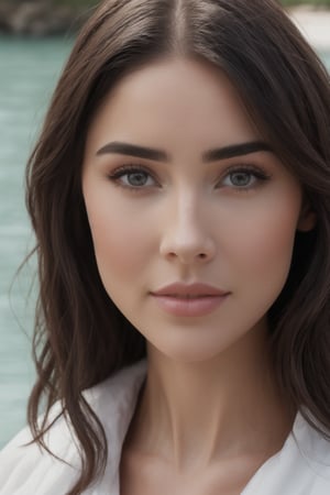 a woman looking into the camera in front of a body of water, a photorealistic painting, inspired by Mollie Forestier-Walker, kimberly asstyn, olivia culpo as milady de winter, unreal maya, mandy jurgens 8 k 150 mpx, olivia culpo natural make-up