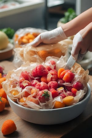 cutting fruit packaging using a Foam Tray with Stretch Film