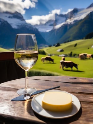 glass of wine and a piece of cheese on a table, high Alpine mountains and cows in the background, Switzerland