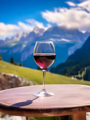 glass of wine on a table, Alpine mountain landscape in the background, Dolomites Italy